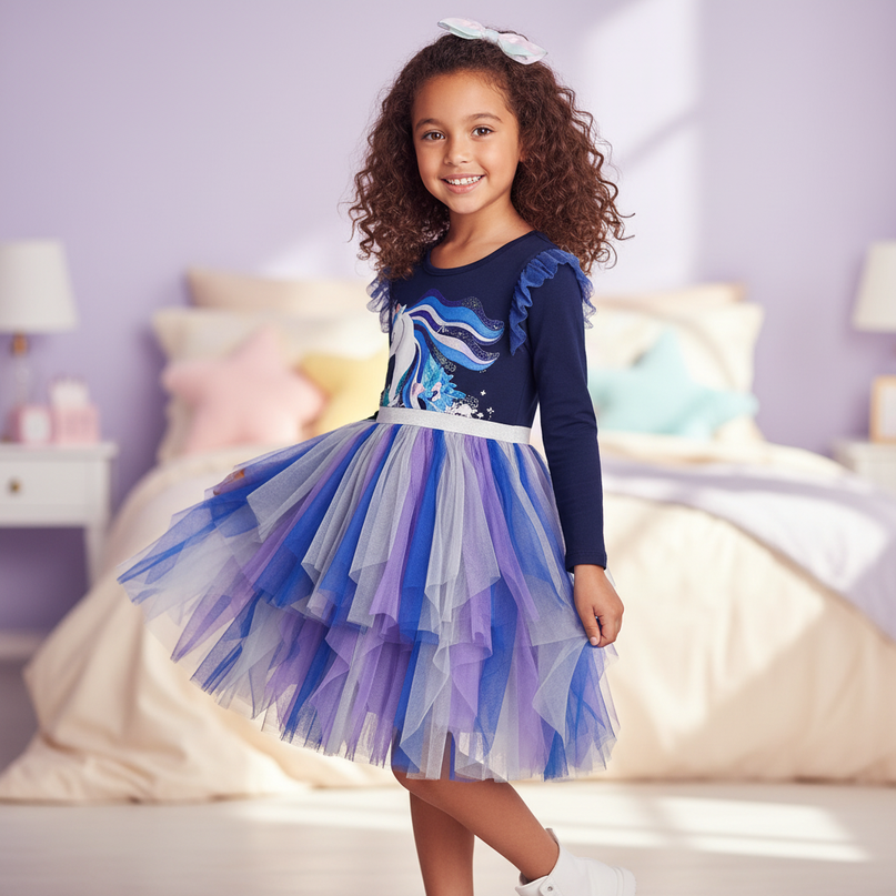 unicorn ruffle flare sleeve dress - three-quarter