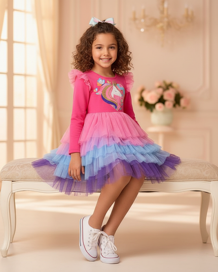 unicorn ruffle shoulder dress - sitting