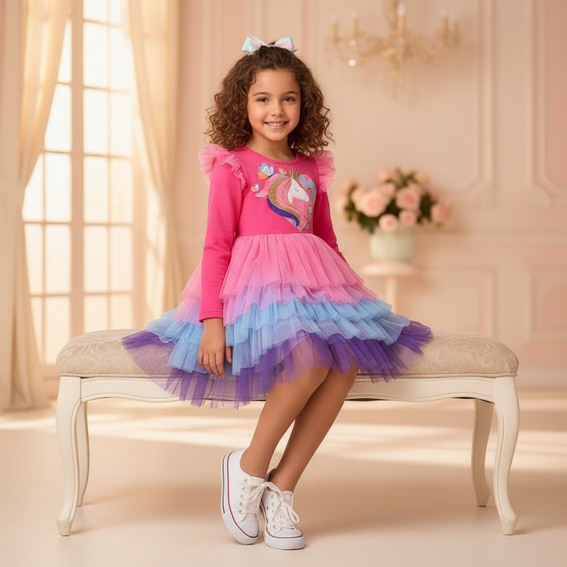 unicorn ruffle shoulder dress - sitting