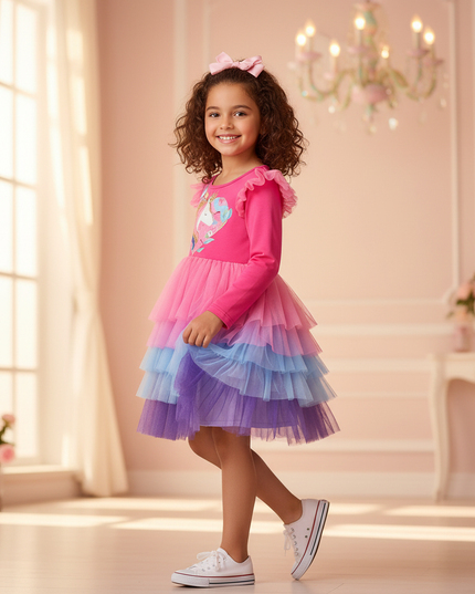 unicorn ruffle shoulder dress - three-quarter