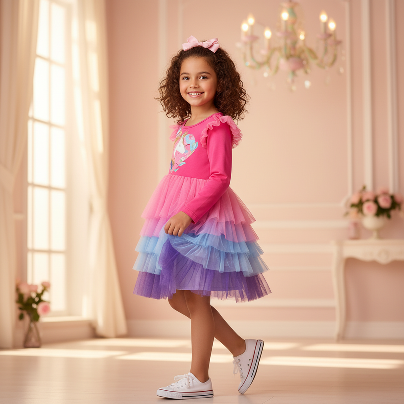 unicorn ruffle shoulder dress - three-quarter