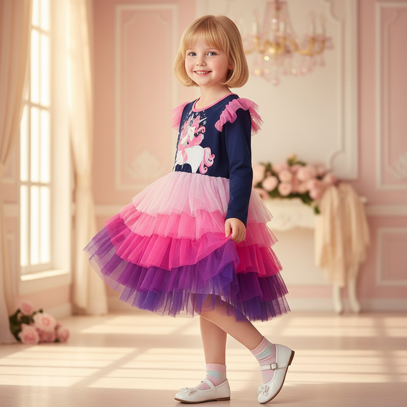 unicorn ruffle tutu dress girls - three-quarter