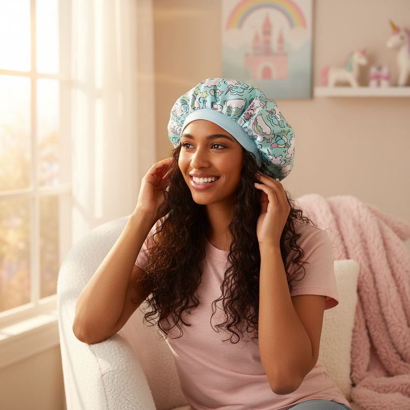 unicorn satin bonnet - in-use