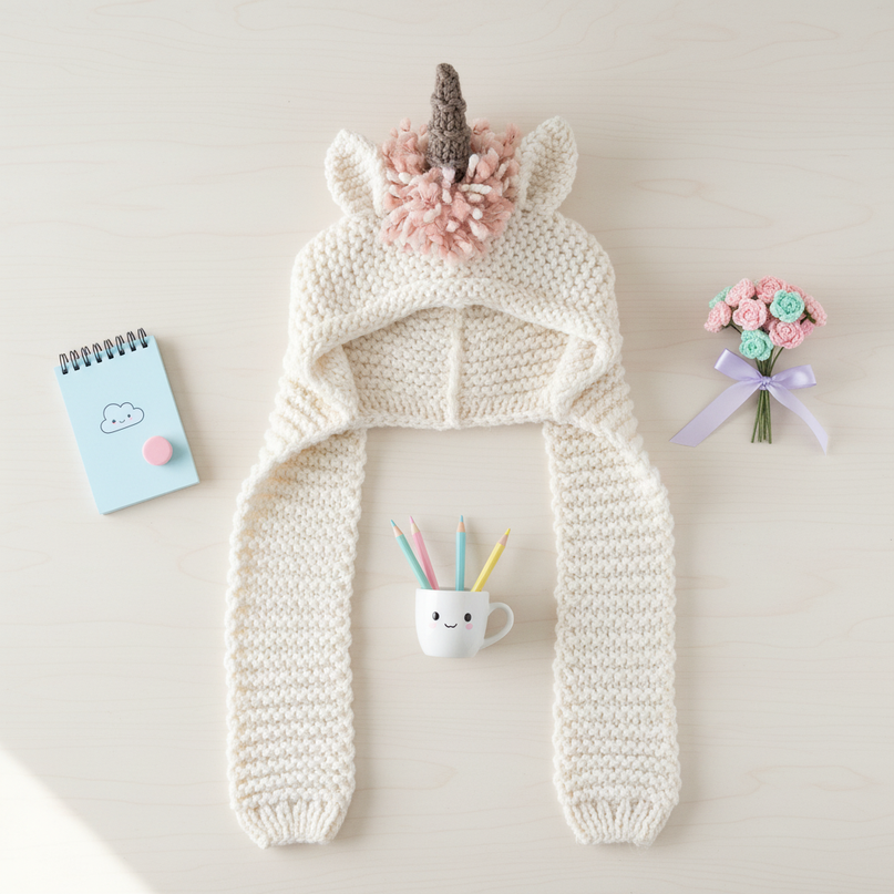 unicorn scarf and hat - flat-lay