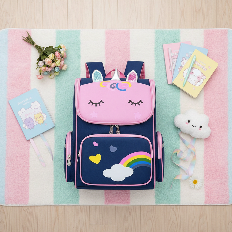 unicorn school backpack navy reflective - flat-lay