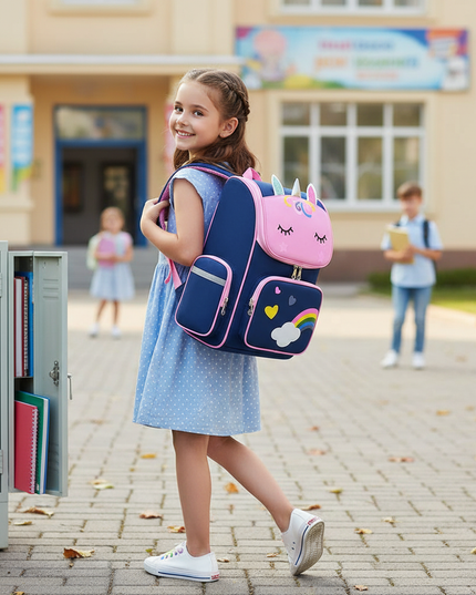 unicorn school backpack navy reflective - in-use