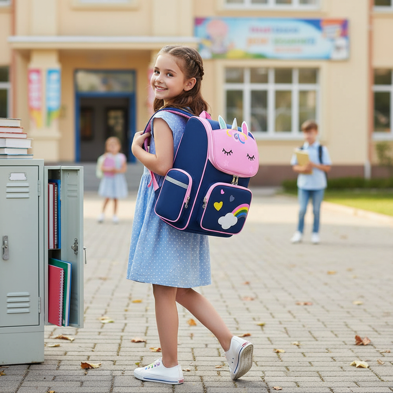 unicorn school backpack navy reflective - in-use