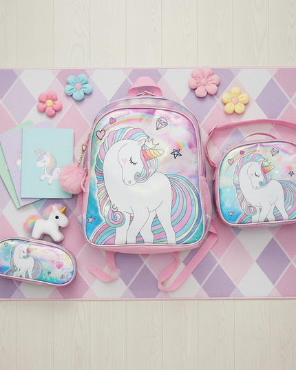 unicorn school backpack set 3 piece - flat-lay