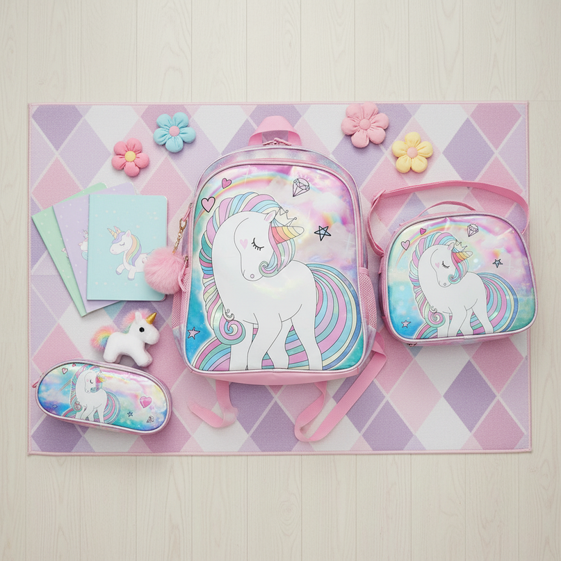 unicorn school backpack set 3 piece - flat-lay