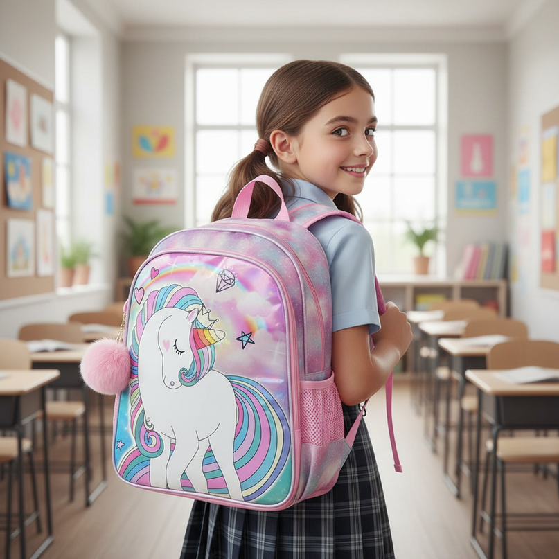unicorn school backpack set 3 piece - in-use