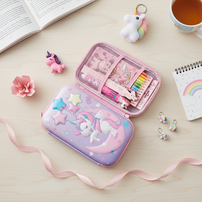 unicorn school pencil case - flat-lay