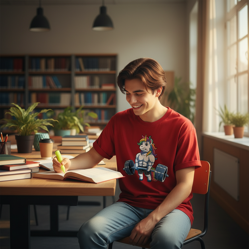 unicorn school shirt - in-use