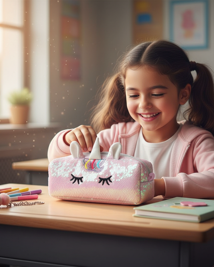 unicorn sequin pencil case - in-use