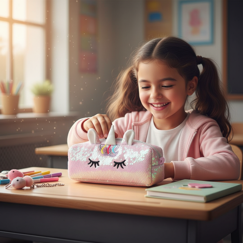 unicorn sequin pencil case - in-use