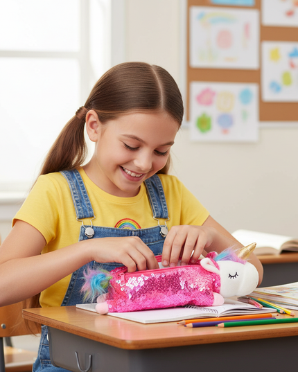 unicorn shaped pencil case - in-use