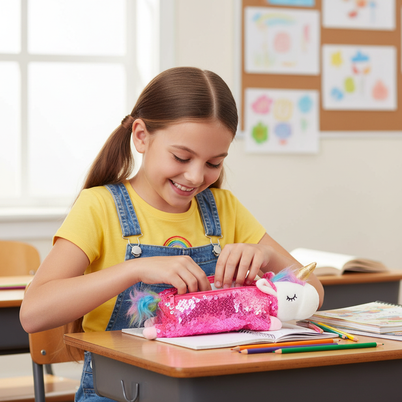 unicorn shaped pencil case - in-use