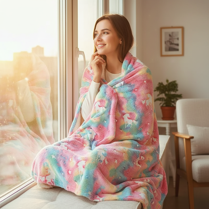 unicorn sherpa blanket - in-use