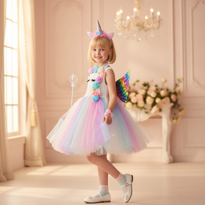 unicorn shiny tutu dress girls - three-quarter