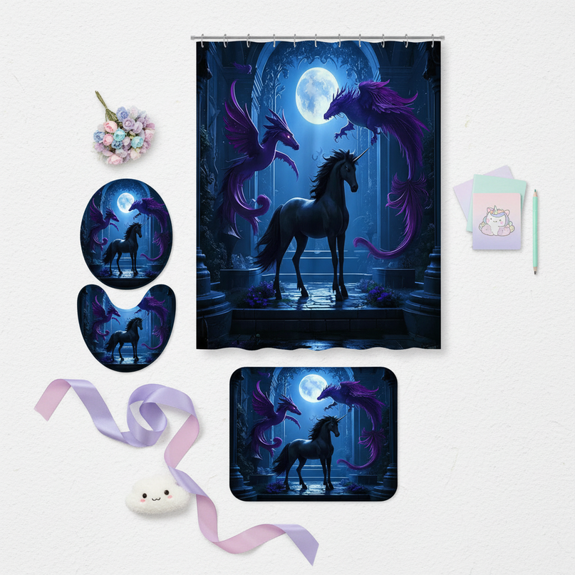 unicorn shower curtain set - flat-lay