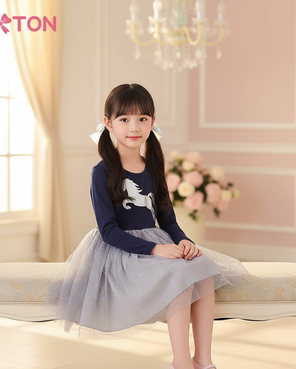 unicorn silver star tulle dress girls - sitting