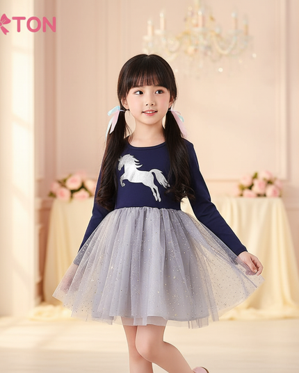 unicorn silver star tulle dress girls - three-quarter