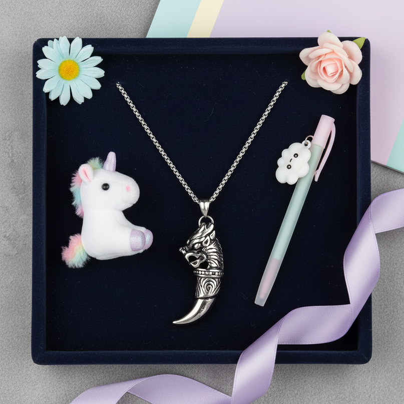 unicorn skeleton necklace - flat-lay