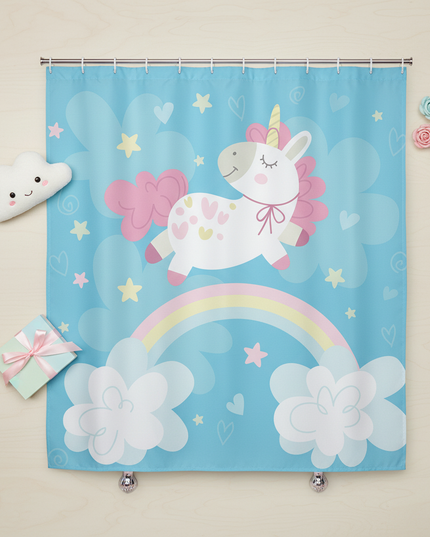 unicorn sky shower curtain - flat-lay