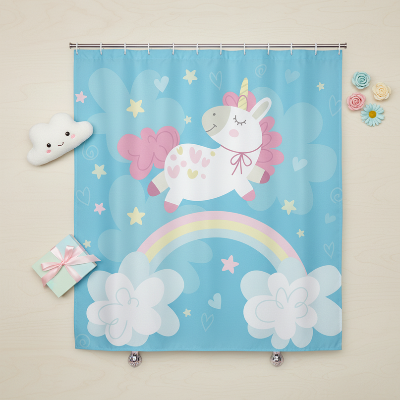 unicorn sky shower curtain - flat-lay