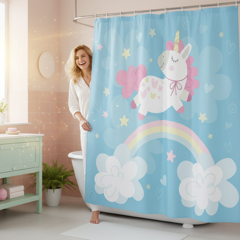 unicorn sky shower curtain - in-use