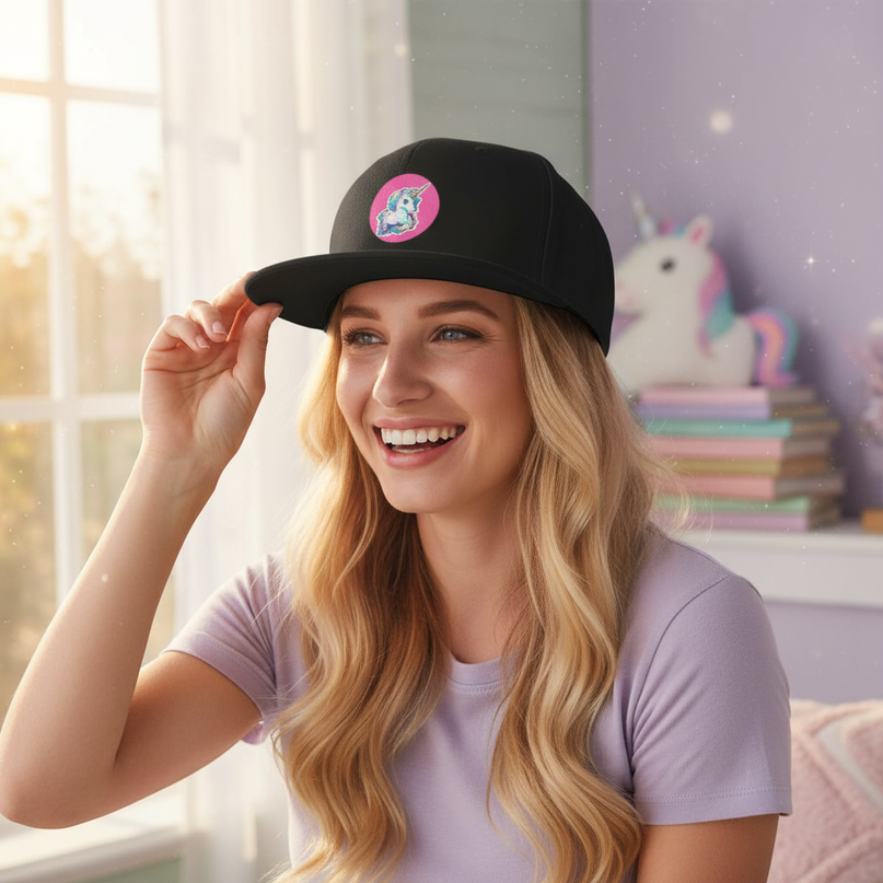 unicorn snapback hat - in-use