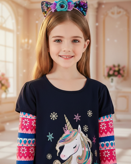 unicorn snowflake long sleeve dress - detail