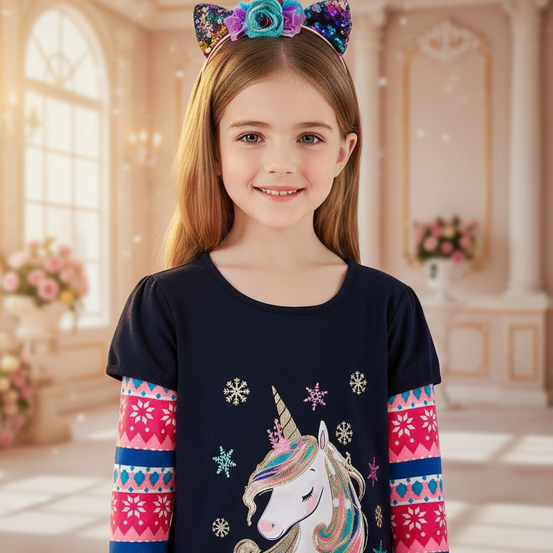 unicorn snowflake long sleeve dress - detail