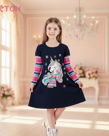 unicorn snowflake long sleeve dress - front