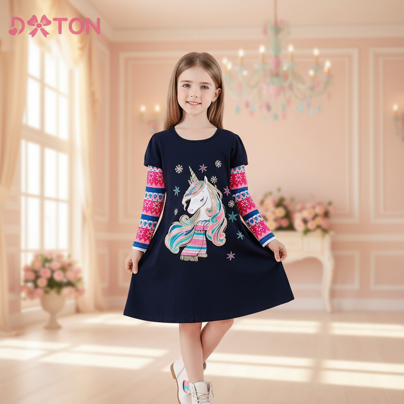 unicorn snowflake long sleeve dress - front