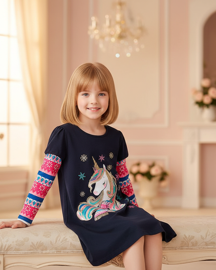unicorn snowflake long sleeve dress - sitting