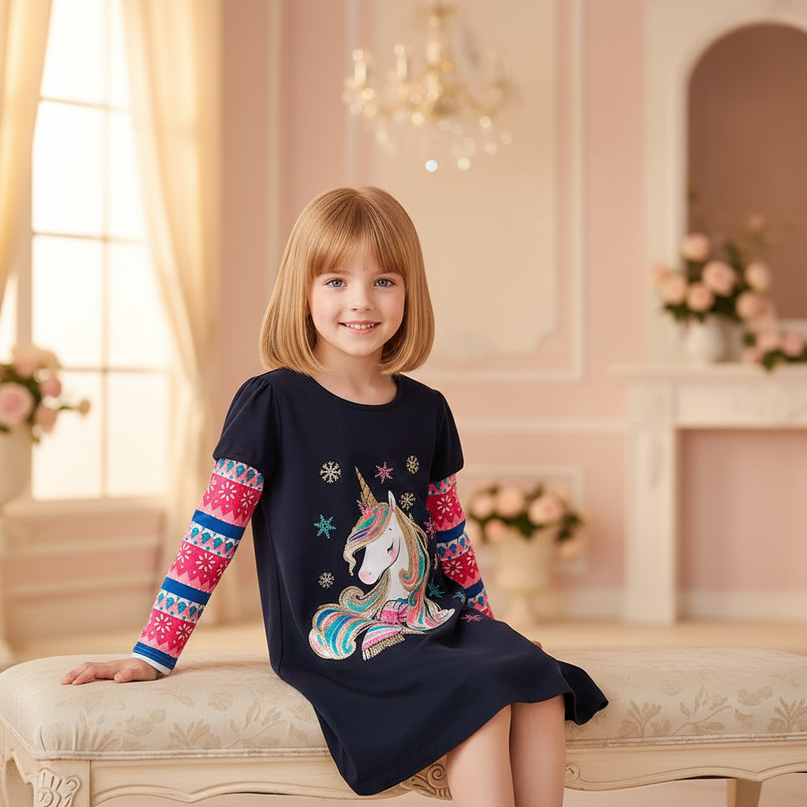 unicorn snowflake long sleeve dress - sitting