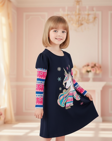unicorn snowflake long sleeve dress - three-quarter