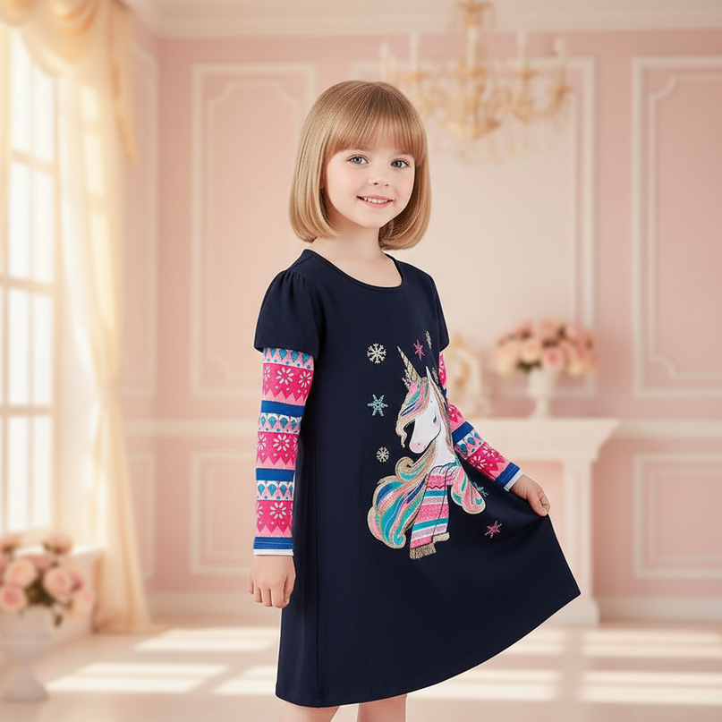 unicorn snowflake long sleeve dress - three-quarter