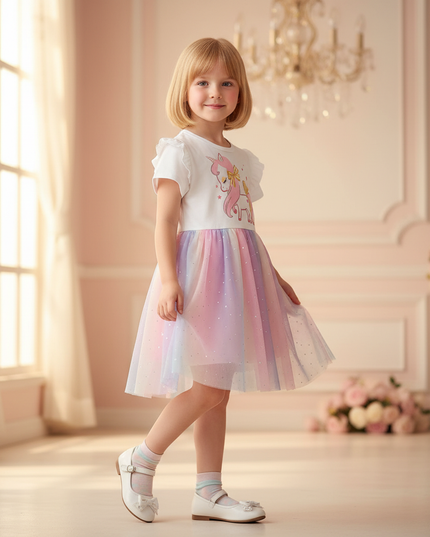unicorn sparkle rainbow tutu dress - three-quarter