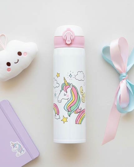 unicorn stainless steel water bottle - flat-lay