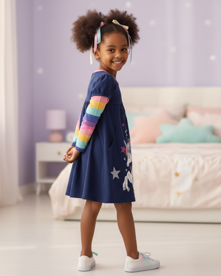 unicorn star long sleeve cartoon dress - back