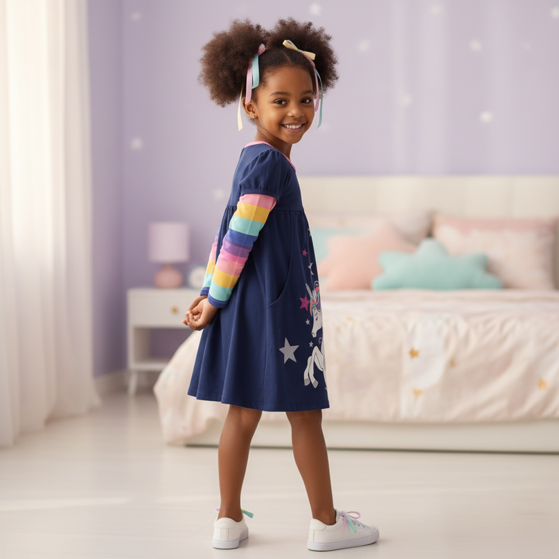 unicorn star long sleeve cartoon dress - back