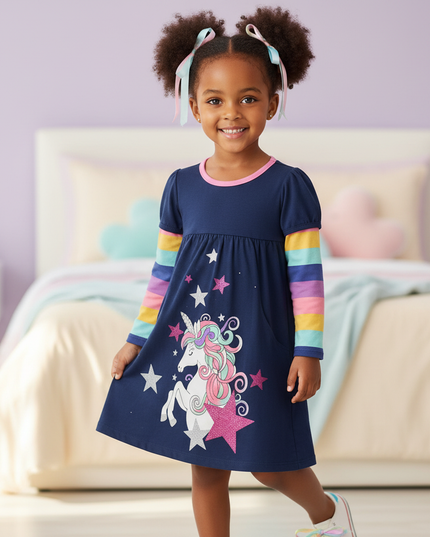 unicorn star long sleeve cartoon dress - front