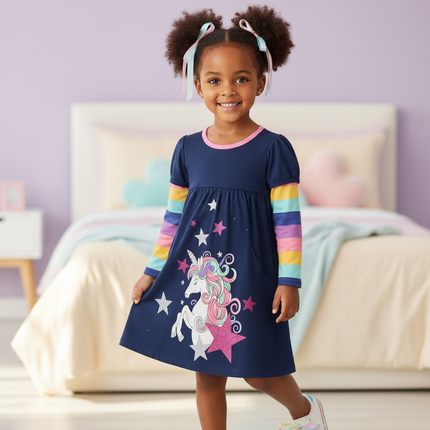 unicorn star long sleeve cartoon dress - front