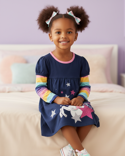 unicorn star long sleeve cartoon dress - sitting