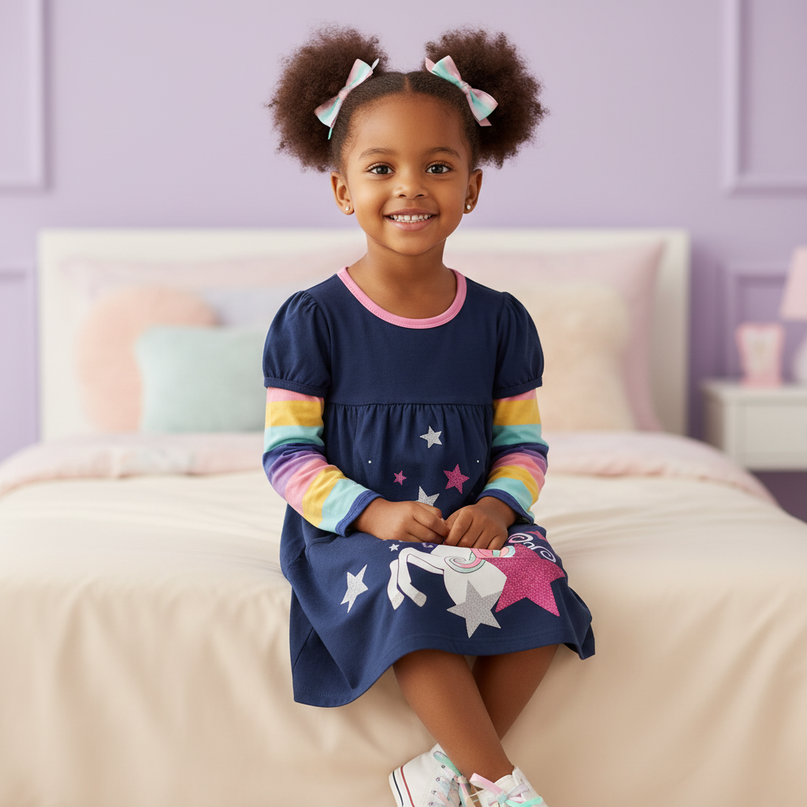 unicorn star long sleeve cartoon dress - sitting