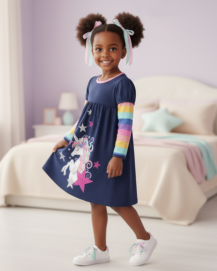 unicorn star long sleeve cartoon dress - three-quarter