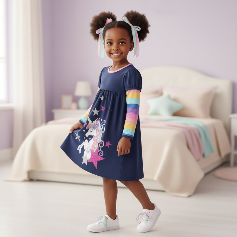 unicorn star long sleeve cartoon dress - three-quarter