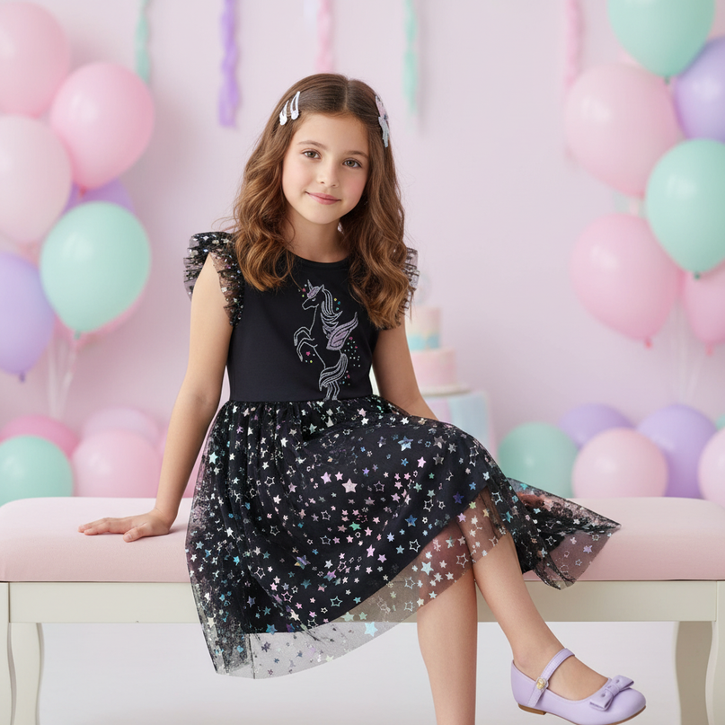 unicorn star sleeveless dress girls - sitting