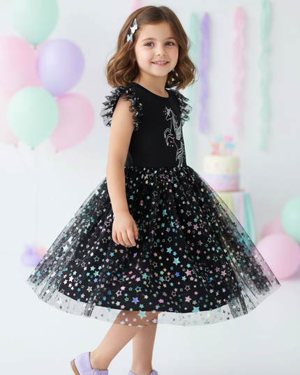 unicorn star sleeveless dress girls - three-quarter